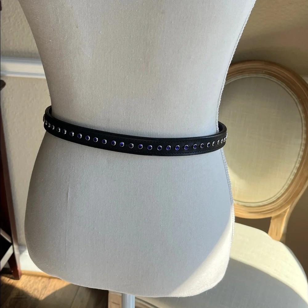 Black Leather Belt with Cobalt  Blue Accents Rhinestone Silver Tone Size 28